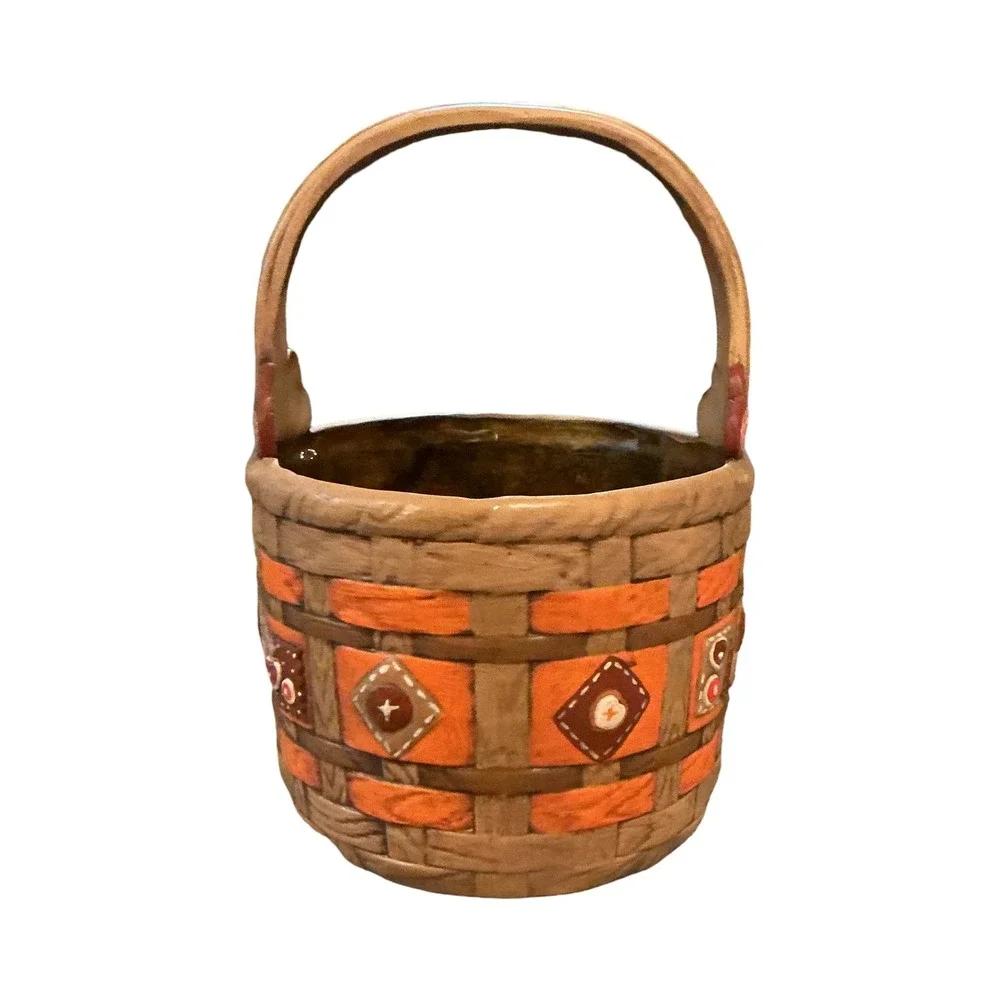 Vintage Ceramic Woven Basket Hand Painted Hearts Orange Brown Folk Art 8.5in